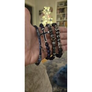 Black Beaded Bracelet Lot Lava Stone Onyx? Brutalist Goth